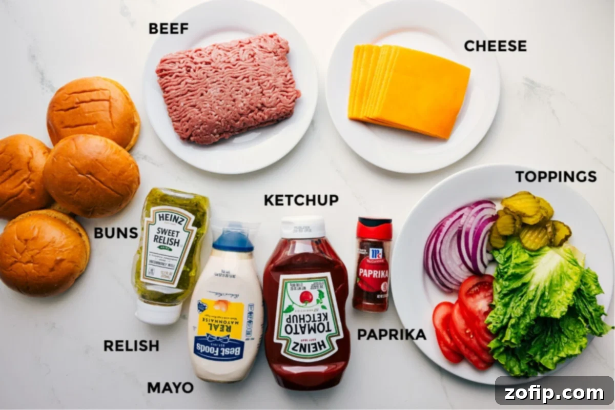 A vibrant spread of fresh ingredients, including soft brioche buns, ground beef, dill pickle relish, mayonnaise, ketchup, paprika, cheddar cheese slices, crisp lettuce, and ripe tomatoes, all prepped for making smash burgers.