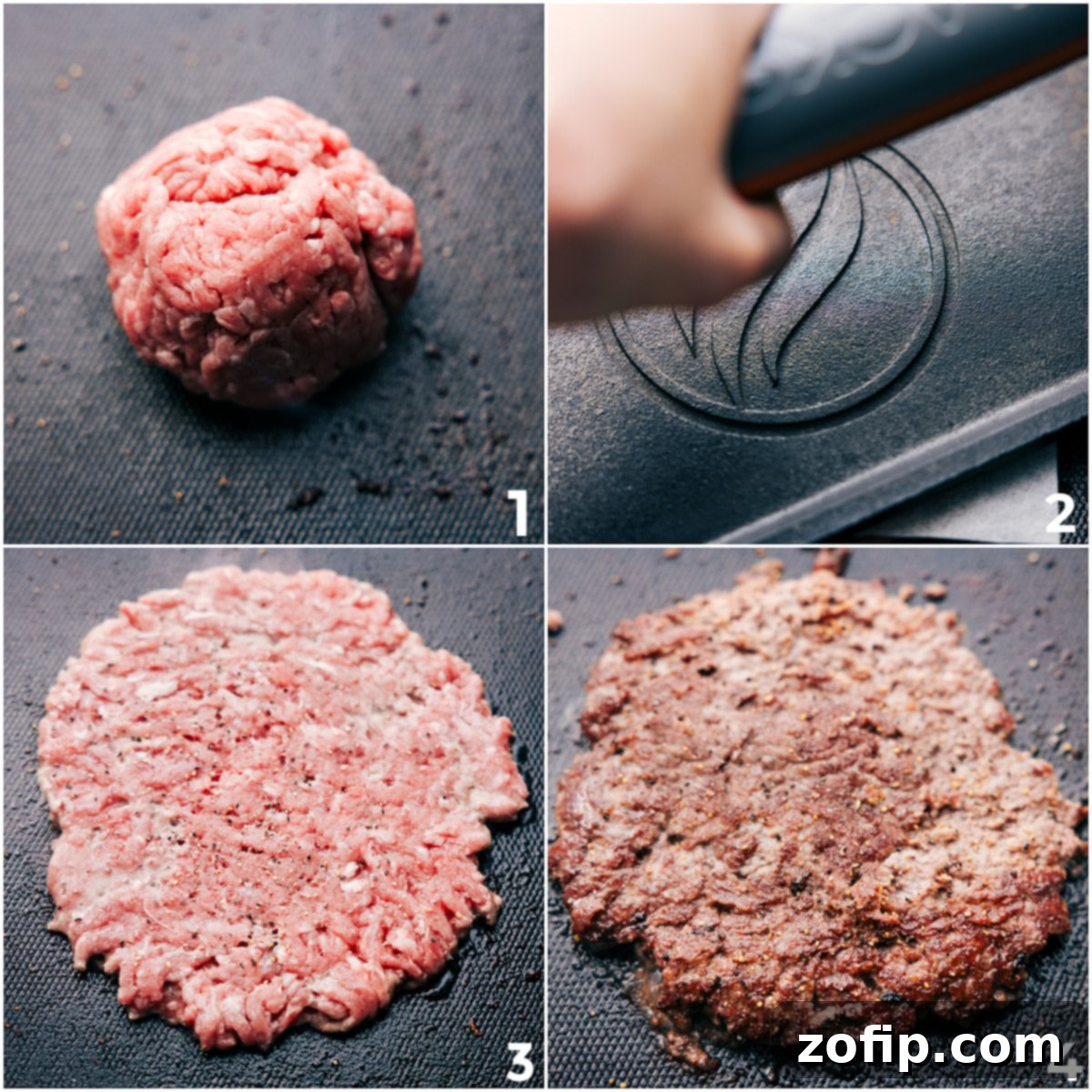 Step-by-step image showing ground beef being rolled into a loose ball, then firmly smashed into a thin patty on a hot griddle, beginning to brown around the edges.