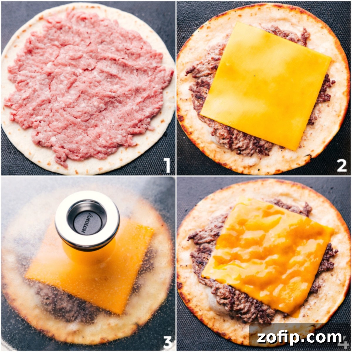 The beef is smashed into the tortilla, cheese goes on top, and it all cooks on the griddle for these Smash Burger Tacos.