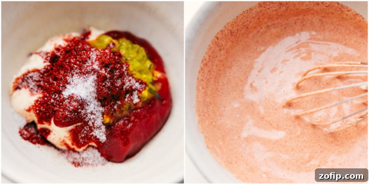 The burger sauce being whisked together in a bowl to top this dish.