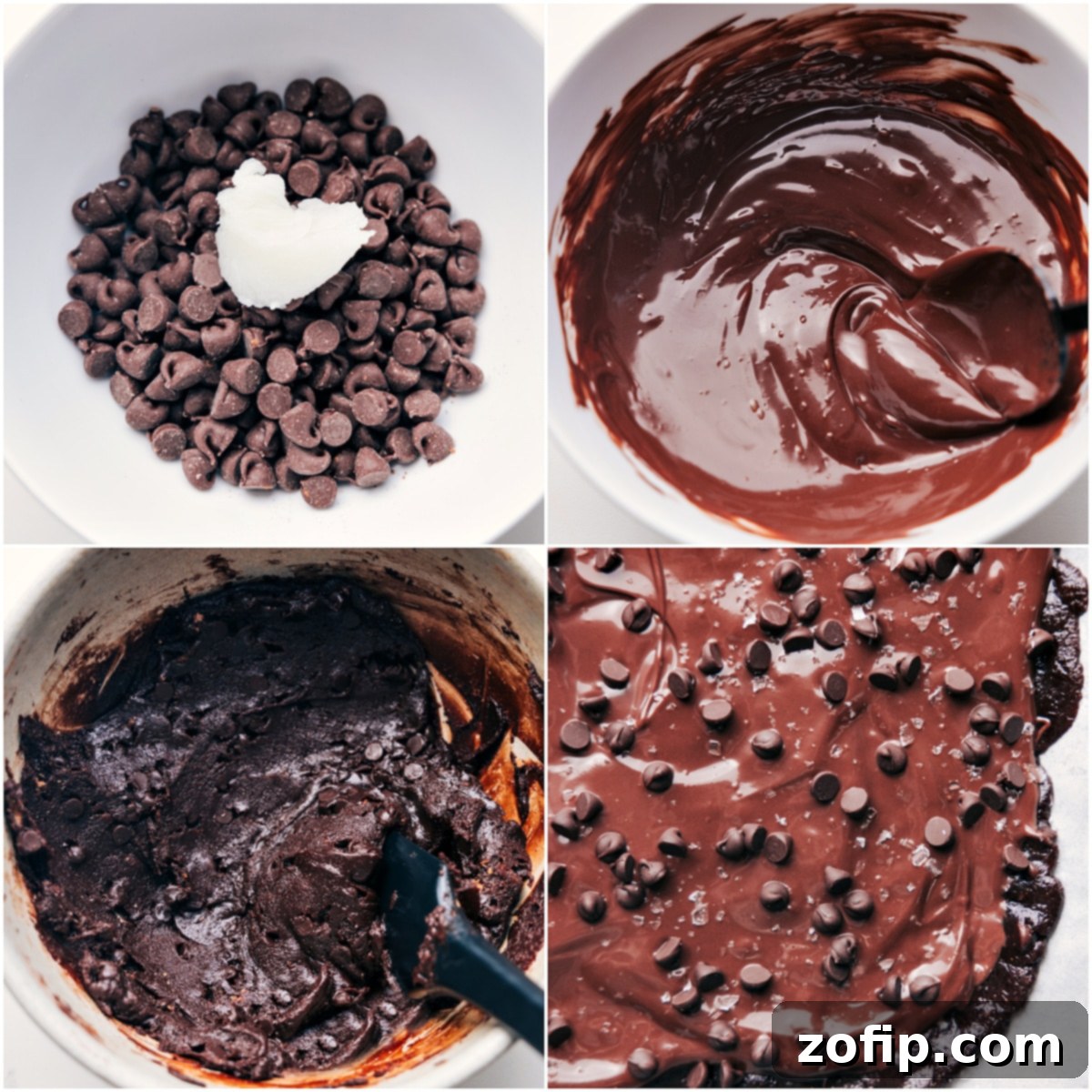 Healthy brownie batter ingredients are mixed, spread on a parchment-lined sheet pan, and topped with melted chocolate, mini chocolate chips, and flaky sea salt.