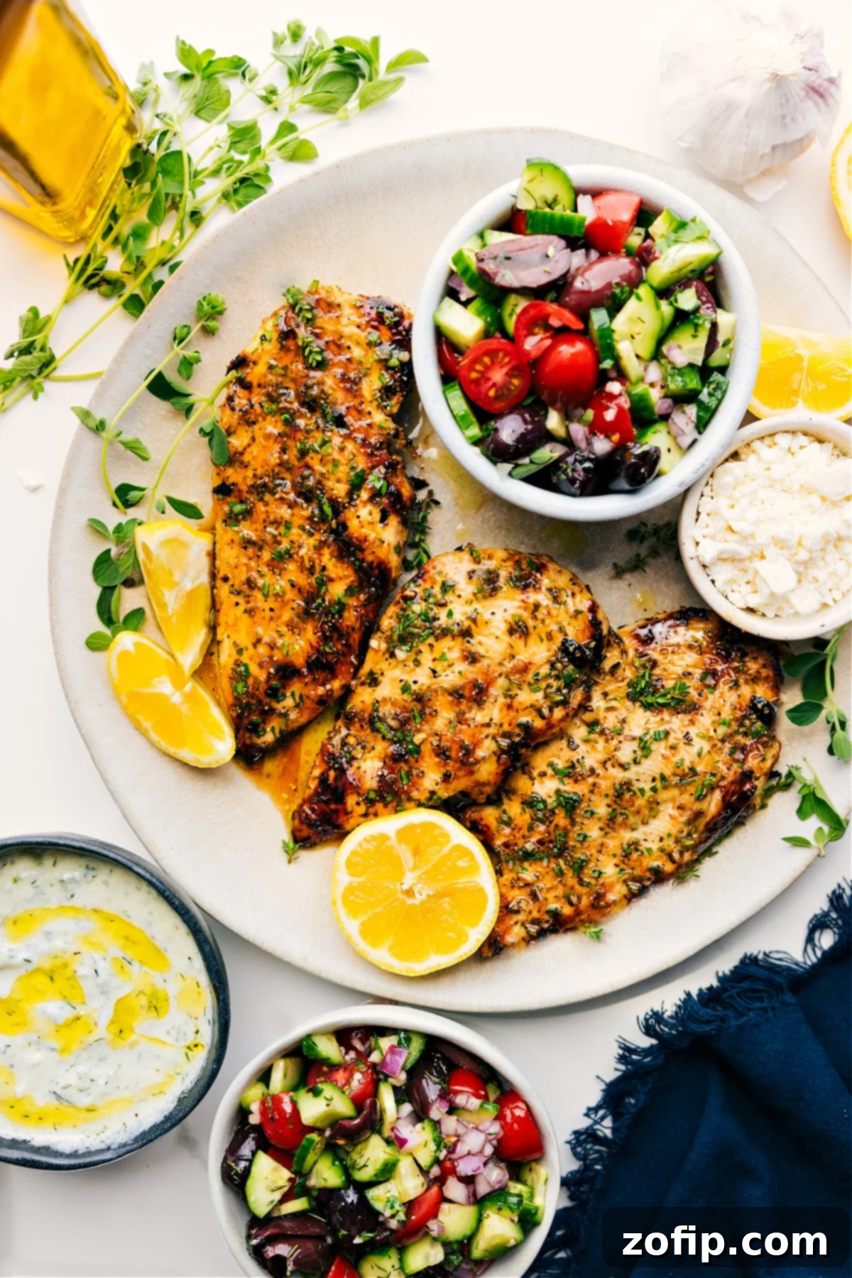 Greek Chicken Marinade served on a platter with Greek salad, feta, and lemon slices. Bright and inviting.