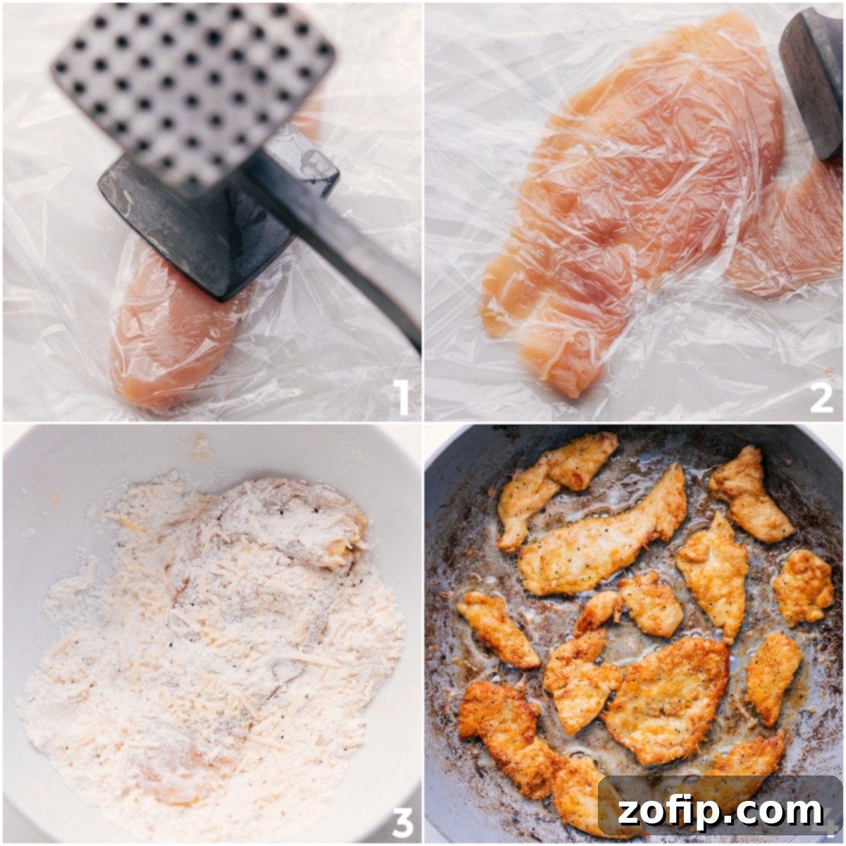 How To Prep And Cook Chicken For Chicken Scampi Chicken pounded to an even thickness, coated in breading, and fried in a skillet for Chicken Scampi.