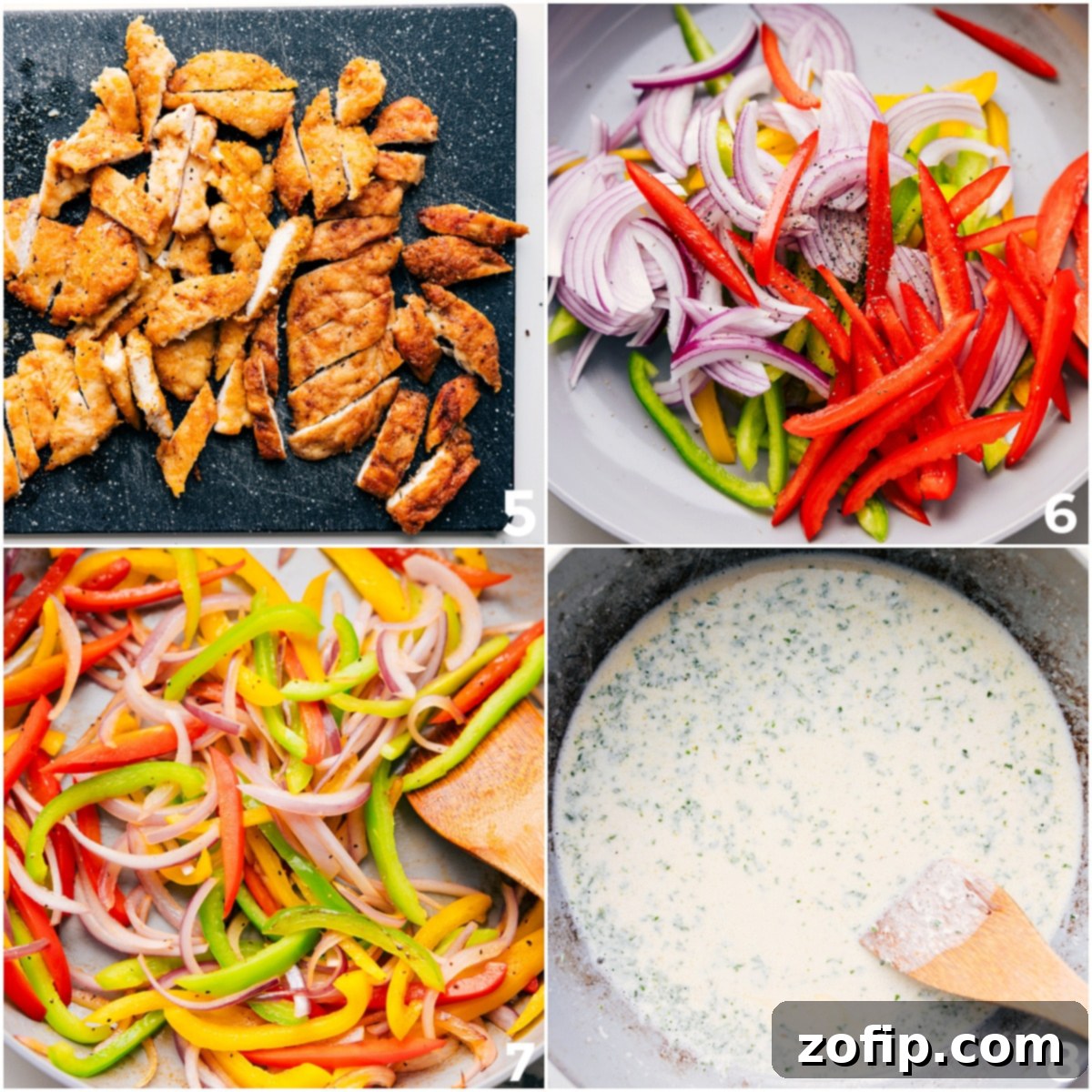 How To Make Chicken Scampi Chicken being diced, bell peppers and onions sautéed, and lemon cream sauce prepared in a skillet.