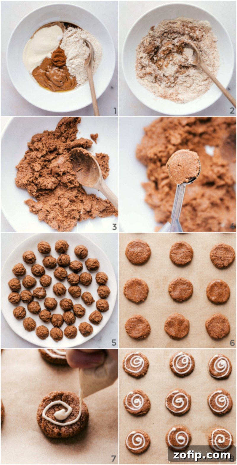 Step-by-step process of creating healthy protein snacks, from mixing ingredients in a bowl to forming the individual cookies and adding the optional white chocolate swirl.