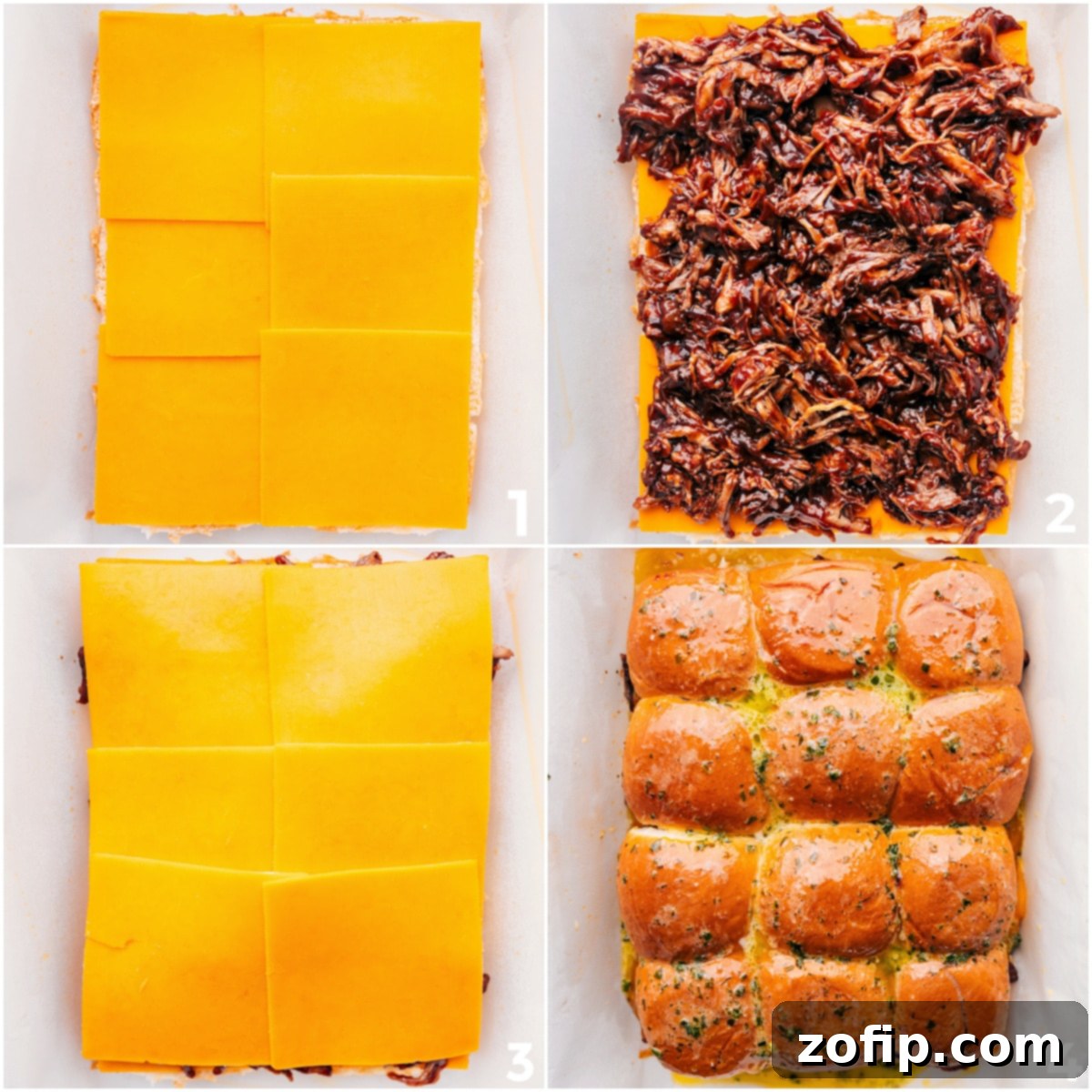 Layers of sharp cheddar cheese, savory BBQ pulled pork, and aromatic garlic-herb butter are carefully assembled within Hawaiian slider buns, ready for baking into perfect BBQ Pulled Pork Sliders.