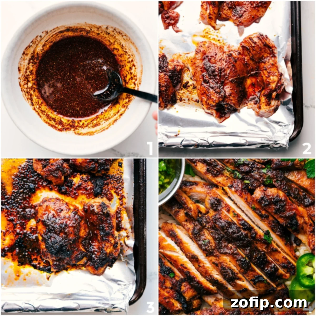 A step-by-step visual guide showing chicken thighs being seasoned, baked until golden, then sliced for serving.