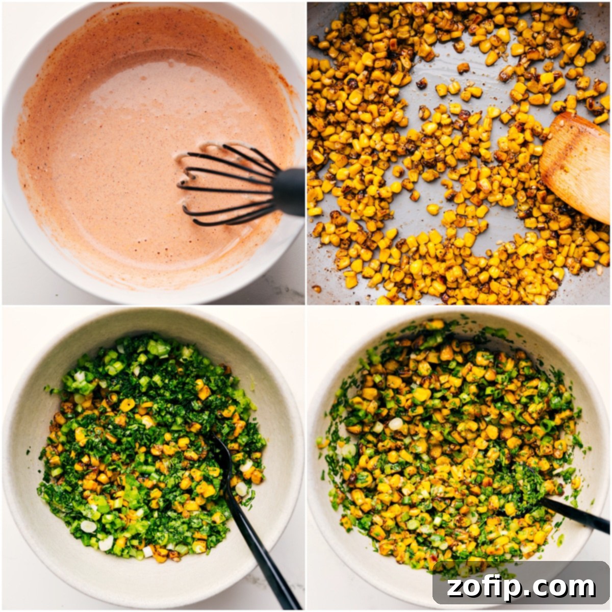 The creamy chili-lime sauce being whisked in a bowl and charred corn mixture being tossed with fresh herbs in another bowl.