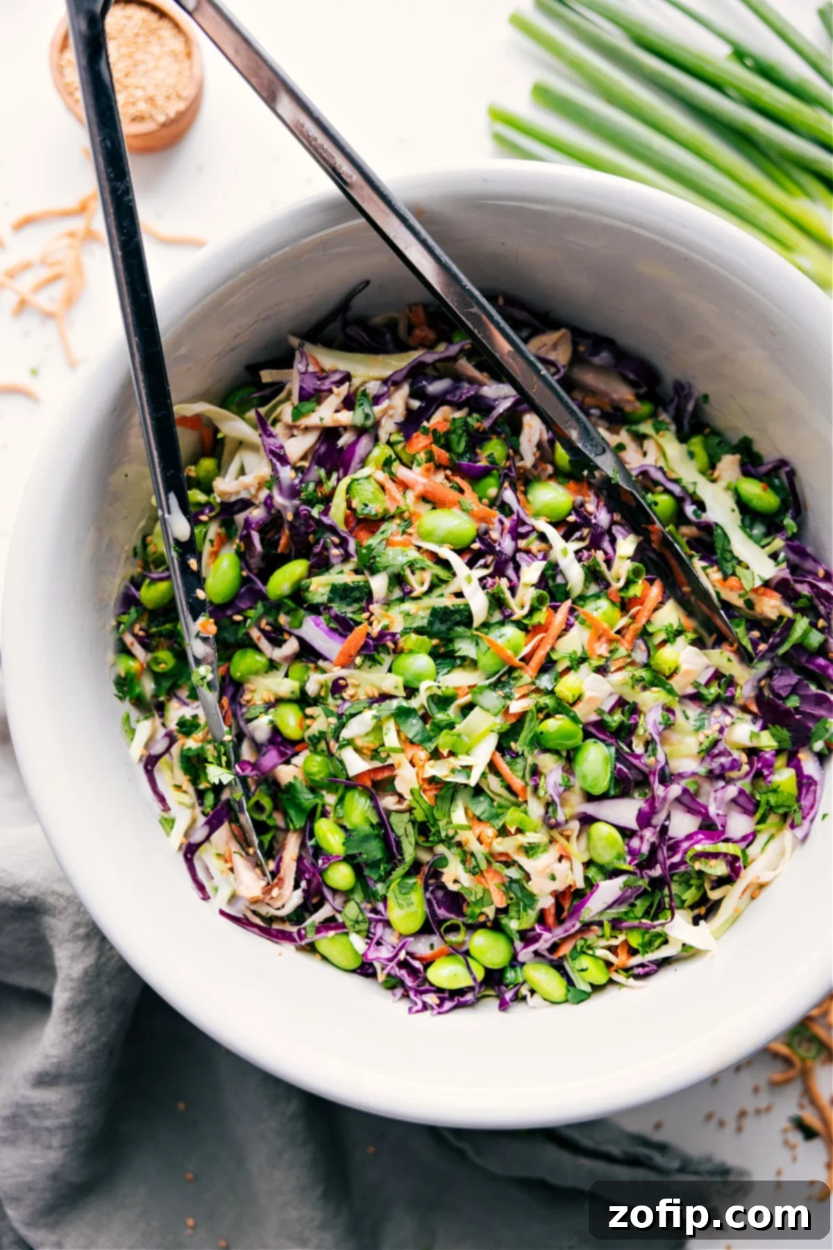 Fresh And Flavorful Asian Slaw Recipe Vibrant Asian Slaw Recipe in a large white bowl, beautifully tossed with creamy dressing and ready to serve, garnished with fresh herbs and crunchy toppings.