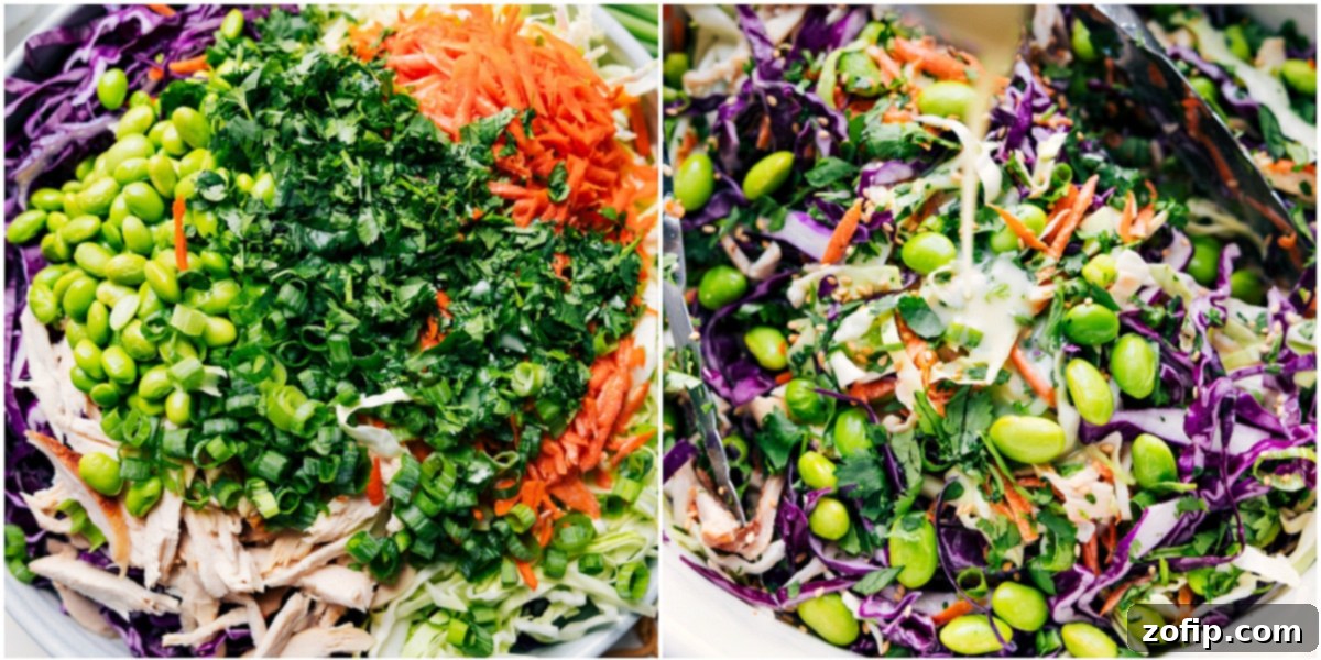 Flavor-Packed Asian Slaw Recipe All the prepared ingredients for the Asian Slaw added to a large mixing bowl, with the creamy dressing being poured in, ready to be tossed thoroughly to combine all the delicious flavors and textures.