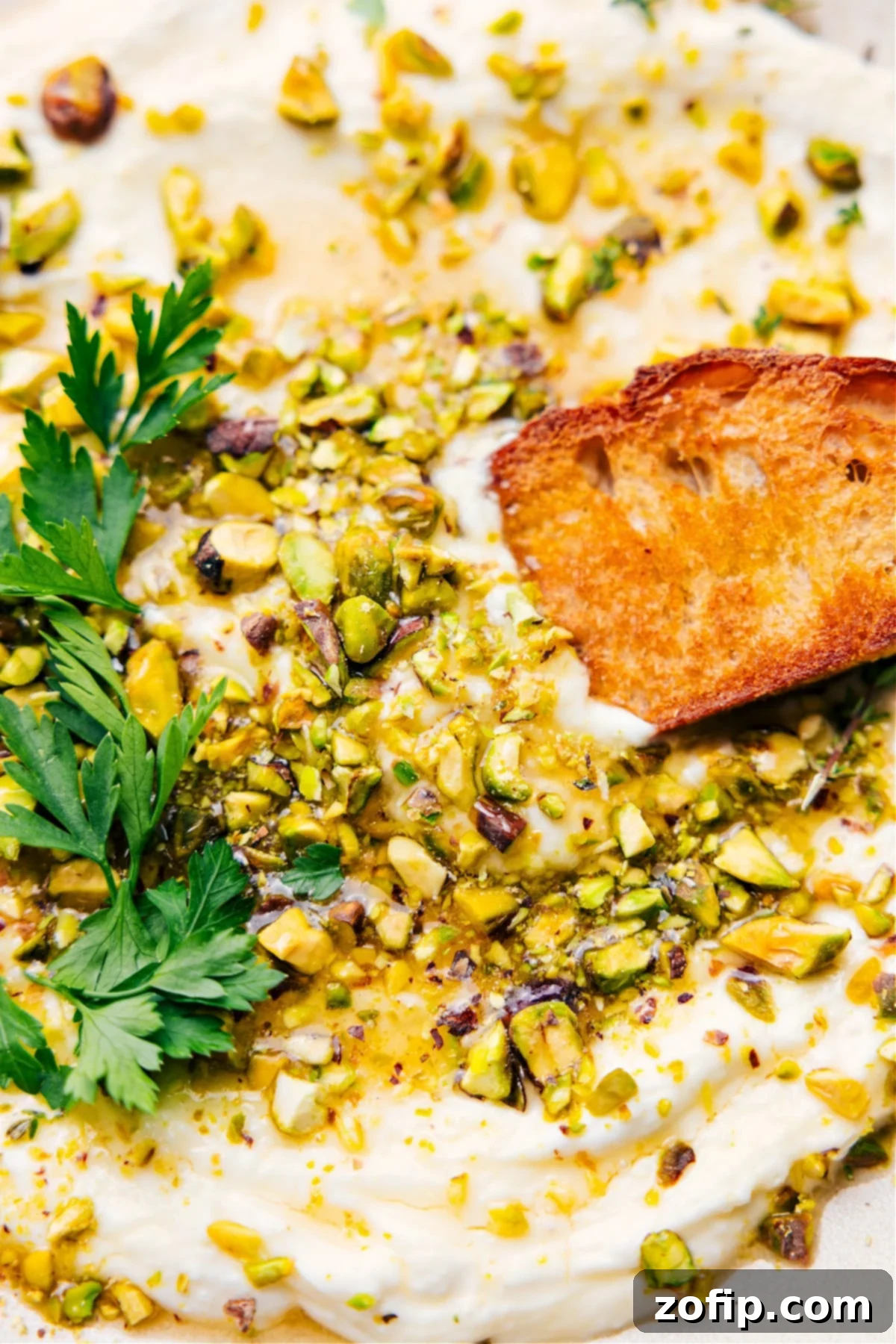 Creamy whipped feta dip in a bowl with a toasted cracker dipping in, garnished with honey and pistachios.