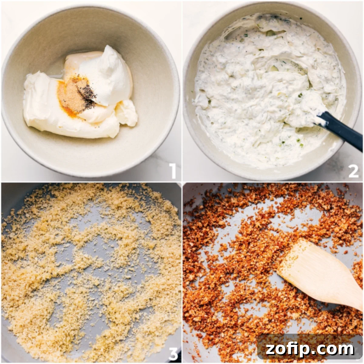 Fried Pickle Dip ingredients mixed in a bowl, with the panko topping being browned separately.