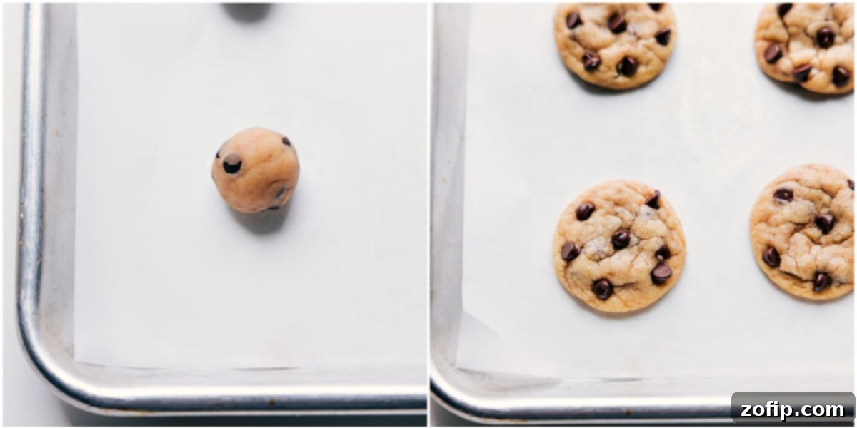 Perfectly rolled tiny cookie dough balls arranged on a parchment-lined baking sheet, awaiting the oven, alongside a cooling rack filled with a fresh batch of golden brown, irresistible tiny chocolate chip cookies.