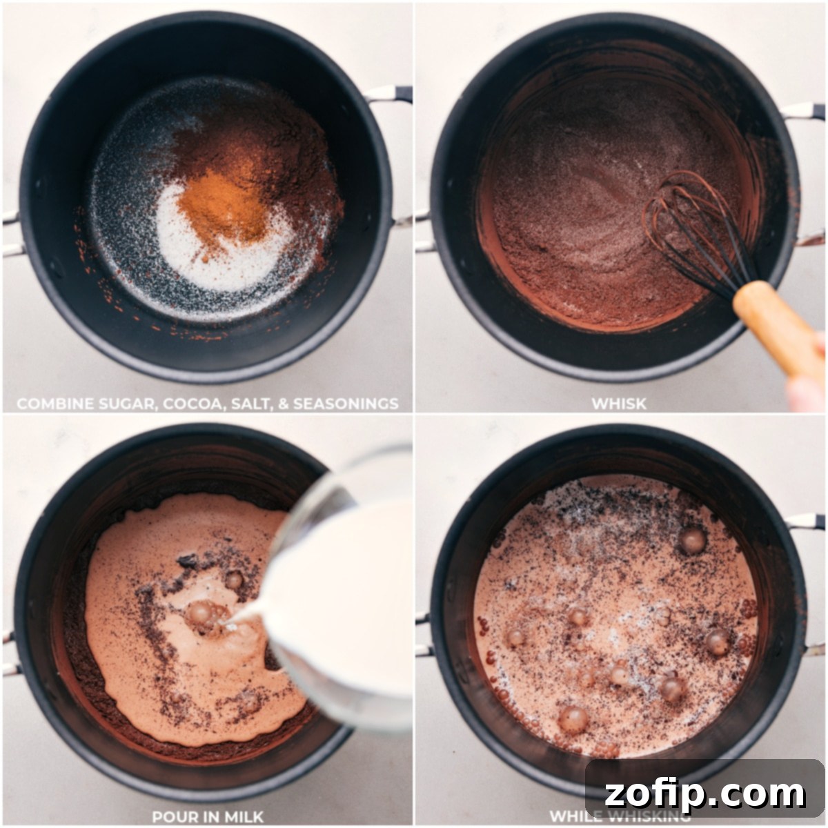 Mixing and heating the ingredients for Mexican Hot Chocolate Sugar, cocoa, and seasonings combined and whisked, with milk introduced for slow heating.