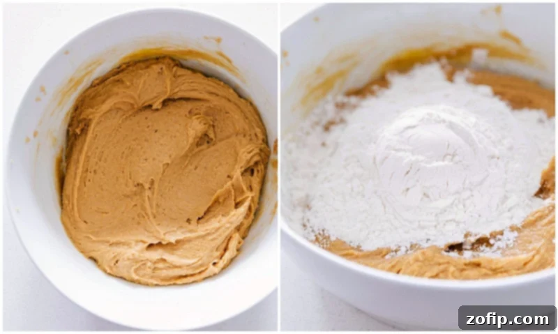 Adding dry ingredients, including flour, to the wet cookie dough mixture