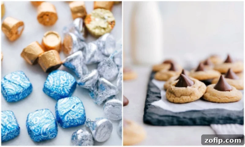 Freshly baked Peanut Butter Blossom Cookies with chocolate kisses pressed into them on a cooling rack