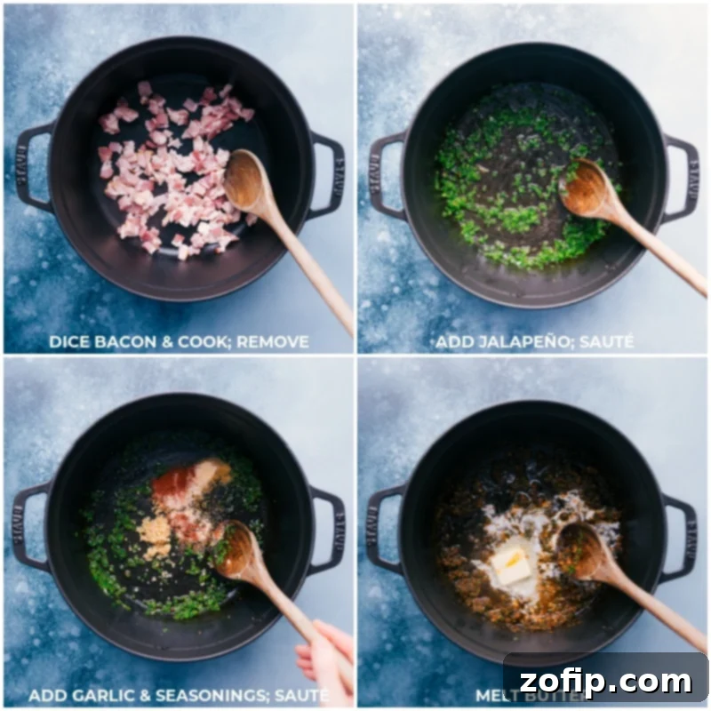 Close-up of crispy bacon, minced jalapeños, and aromatic garlic sautéing in a pan with seasonings and butter, forming the flavorful base for the mac and cheese sauce.
