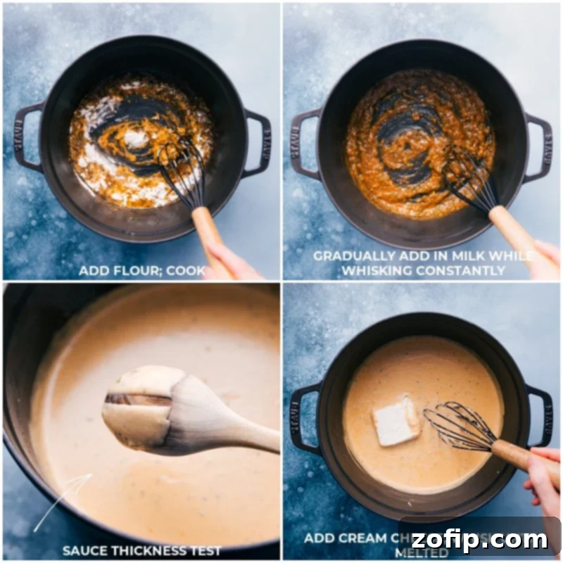 Visual steps illustrating the creation of the creamy cheese sauce: flour being whisked into melted butter, followed by milk and softened cream cheese, all combining into a smooth, thick base for the mac and cheese.