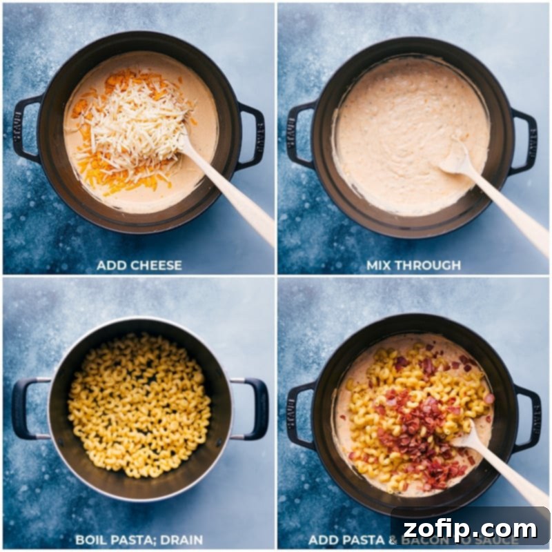 Close-up of the cooked pasta, rich cheese sauce, and crispy bacon being combined in a large pot, ready to be transferred to a baking dish.