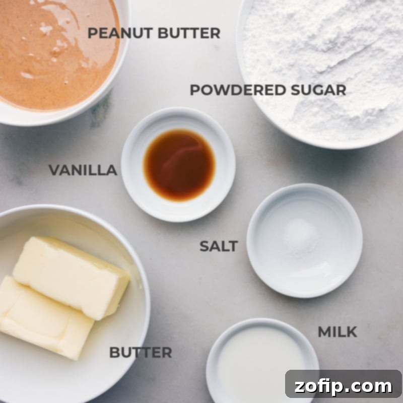 Image displaying all the essential ingredients for making the best peanut butter frosting: butter, creamy peanut butter, powdered sugar, milk, vanilla extract, and salt.