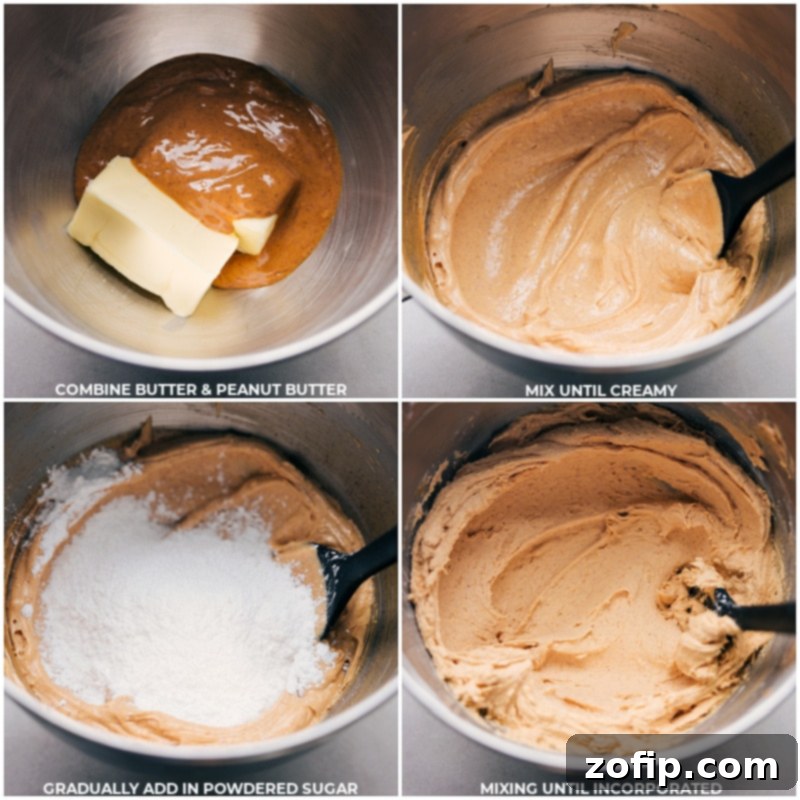 Process shots showing butter, creamy peanut butter, and powdered sugar being creamed together in a stand mixer, demonstrating the smooth blending process.