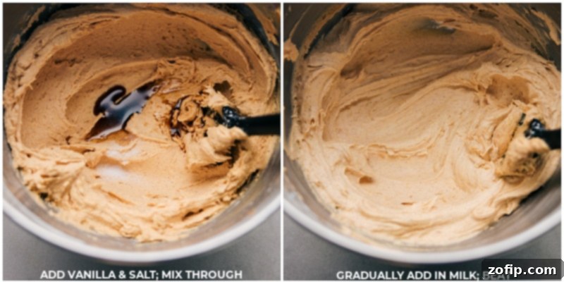 Process shots demonstrating the addition of vanilla extract, salt, and milk to the peanut butter frosting mixture, showing the final steps before whipping.