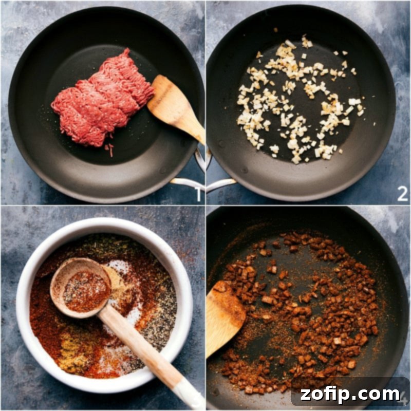 Seasoning Meat While Cooking in Pan Ground meat sizzling in a pan with taco seasonings being sprinkled on top.