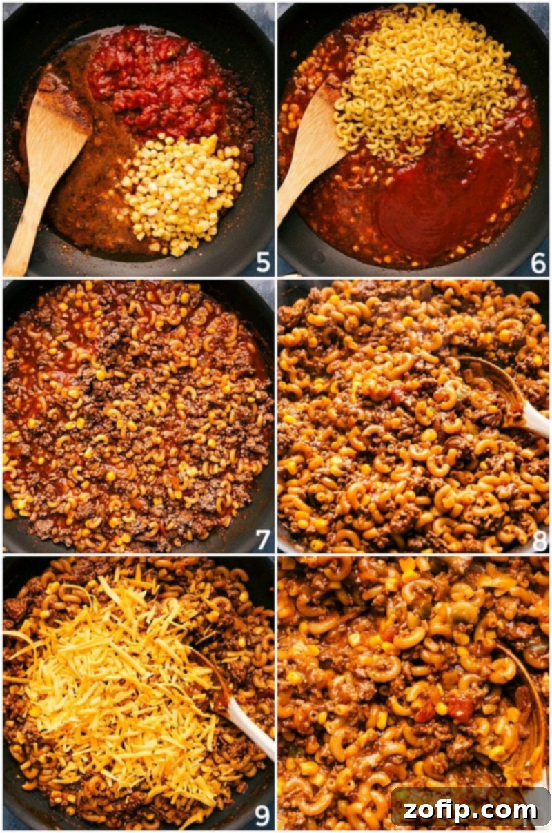 Combining Key Ingredients for Taco Pasta Recipe Key ingredients for taco pasta recipe being combined in a pan: tomatoes, corn, pasta, and cheese.