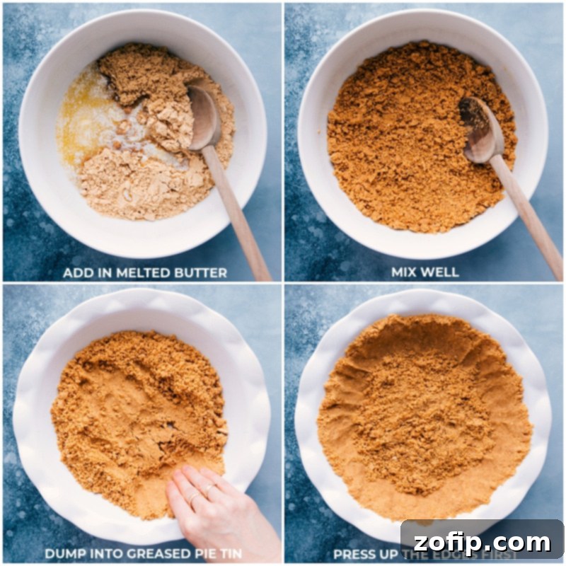 Achieve the perfect consistency by mixing cooled melted butter with your graham cracker crumbs before firmly pressing them into the pie pan. This technique ensures a sturdy and delicious crust every time. #dessert #best #quick #easy #simple #pie #thanksgiving #graham #cracker #crust #baking Process shots demonstrating how to incorporate melted butter into graham cracker crumbs, showing the mixture being combined thoroughly, and finally pressed meticulously into a pie pan for a sturdy base.