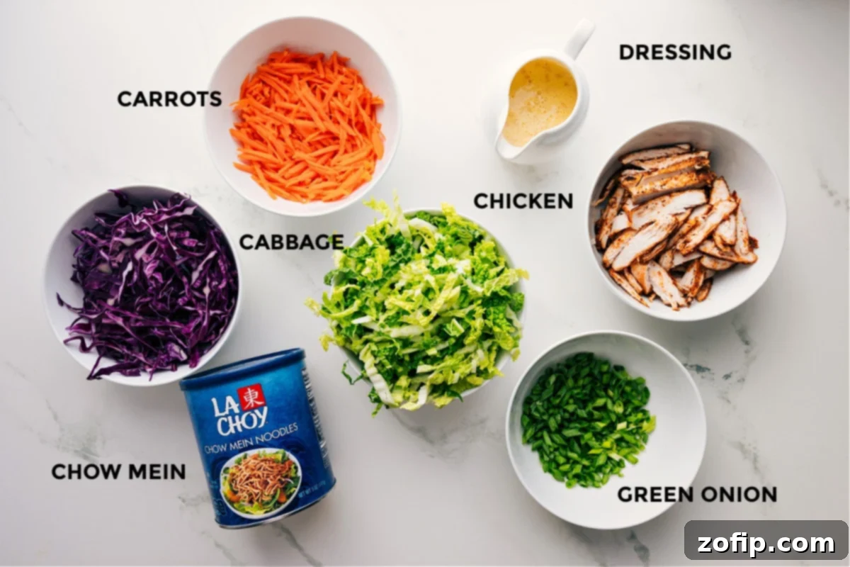 All the fresh ingredients prepped for the Asian Chicken Salad Recipe, including vibrant green and red cabbage, shredded carrots, cooked chicken, green onions, crispy chow mein noodles, and the homemade creamy sesame dressing.
