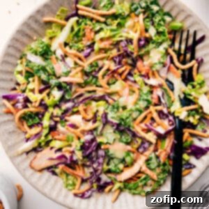 Finished Asian Chicken Salad served in a bowl, garnished with crispy noodles and fresh green onions.