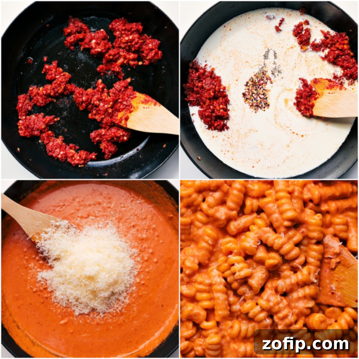 Step-by-step imagery showing diced onions and garlic sautéing, followed by tomato paste browning, then cream and stock simmering, and finally, al dente pasta being tossed into the creamy tomato sauce with Parmesan.