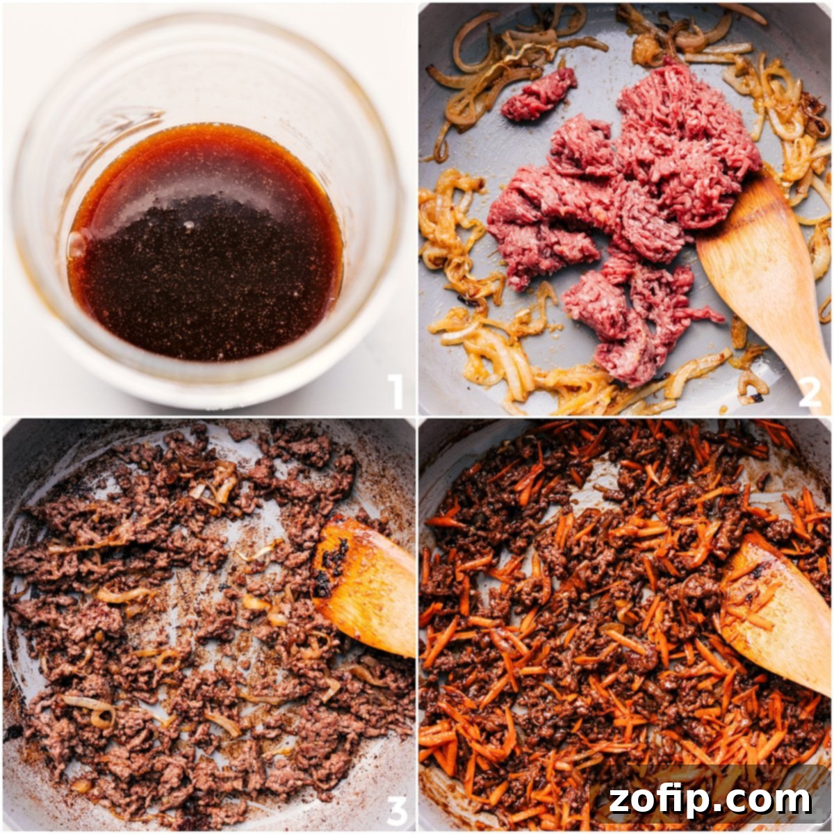 Step-by-Step Guide: How To Make Beef Noodle Bowls Caramelized ground beef with sautéed onions in a large nonstick pan, with the savory sauce being poured over to create Beef Noodle Bowls.