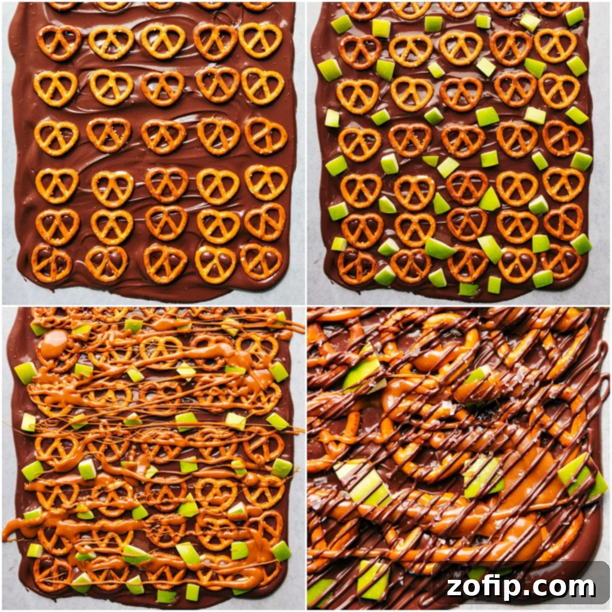 Caramel Apple Bark with melted chocolate, pretzels, apple pieces, and a generous drizzle of caramel and chocolate, ready to be chilled.