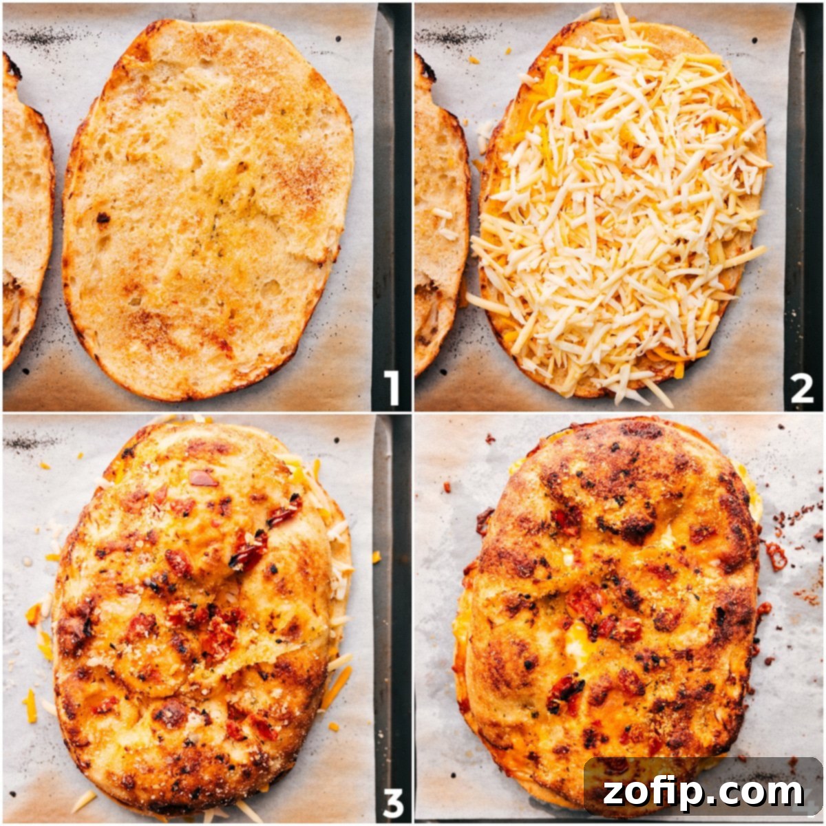 Focaccia grilled cheese being toasted in the oven, showing the bread browning and cheese melting.