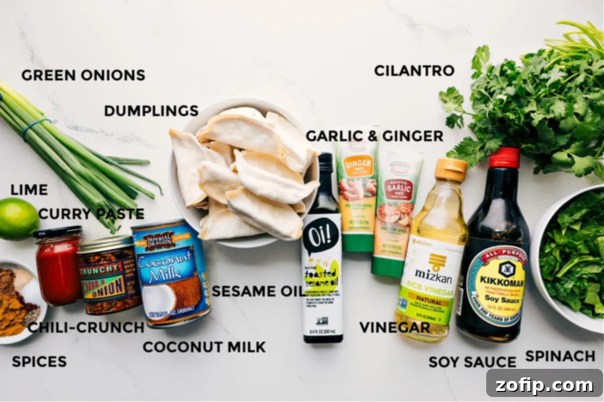 Ingredients In One Pan Dumpling Dinner All the vibrant ingredients for the One Pan Dumpling Dinner laid out, including a can of coconut milk, fresh lime, cilantro, green onions, a package of frozen dumplings, garlic paste, ginger paste, various spices, red curry paste, soy sauce, rice vinegar, sesame oil, and a bag of baby spinach.