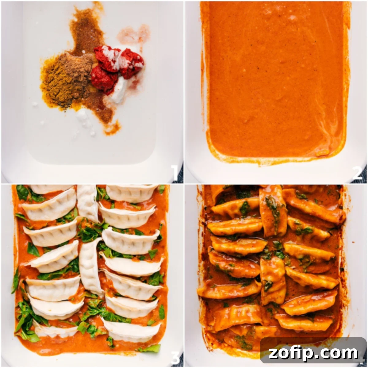 How To Make One Pan Dumpling Dinner All the ingredients for the One Pan Dumpling Dinner are mixed in a baking pan, with frozen dumplings nestled on top, ready to be placed in the oven.