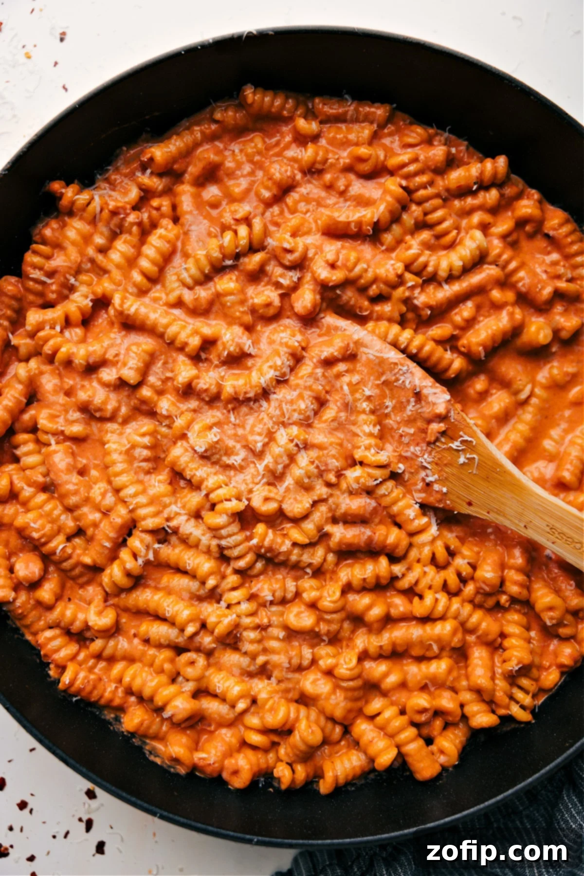 Trader Joe's creamy tomato pasta generously topped with fresh Parmesan cheese.