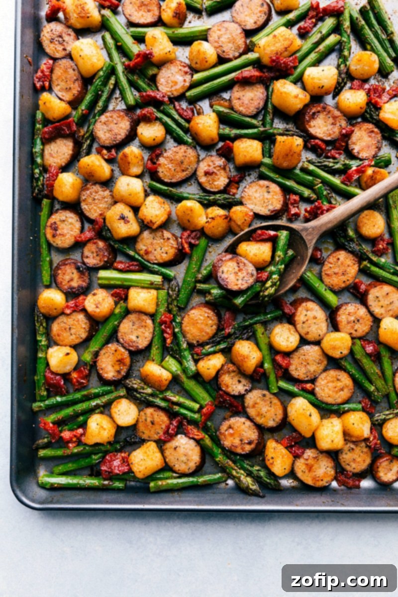 Effortless Sausage Pesto Gnocchi Sheet Pan Dinner, perfectly roasted and ready to serve.