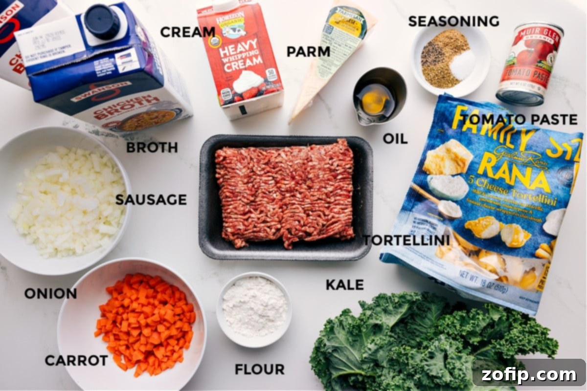 Ingredients In Crockpot Tortellini Soup All the prepped ingredients for Crockpot Tortellini Soup laid out on a counter: olive oil, onion, carrots, Italian sausage, garlic, tomato paste, flour, chicken broth, Italian seasoning, fennel seed, refrigerated tortellini, heavy cream, and kale.