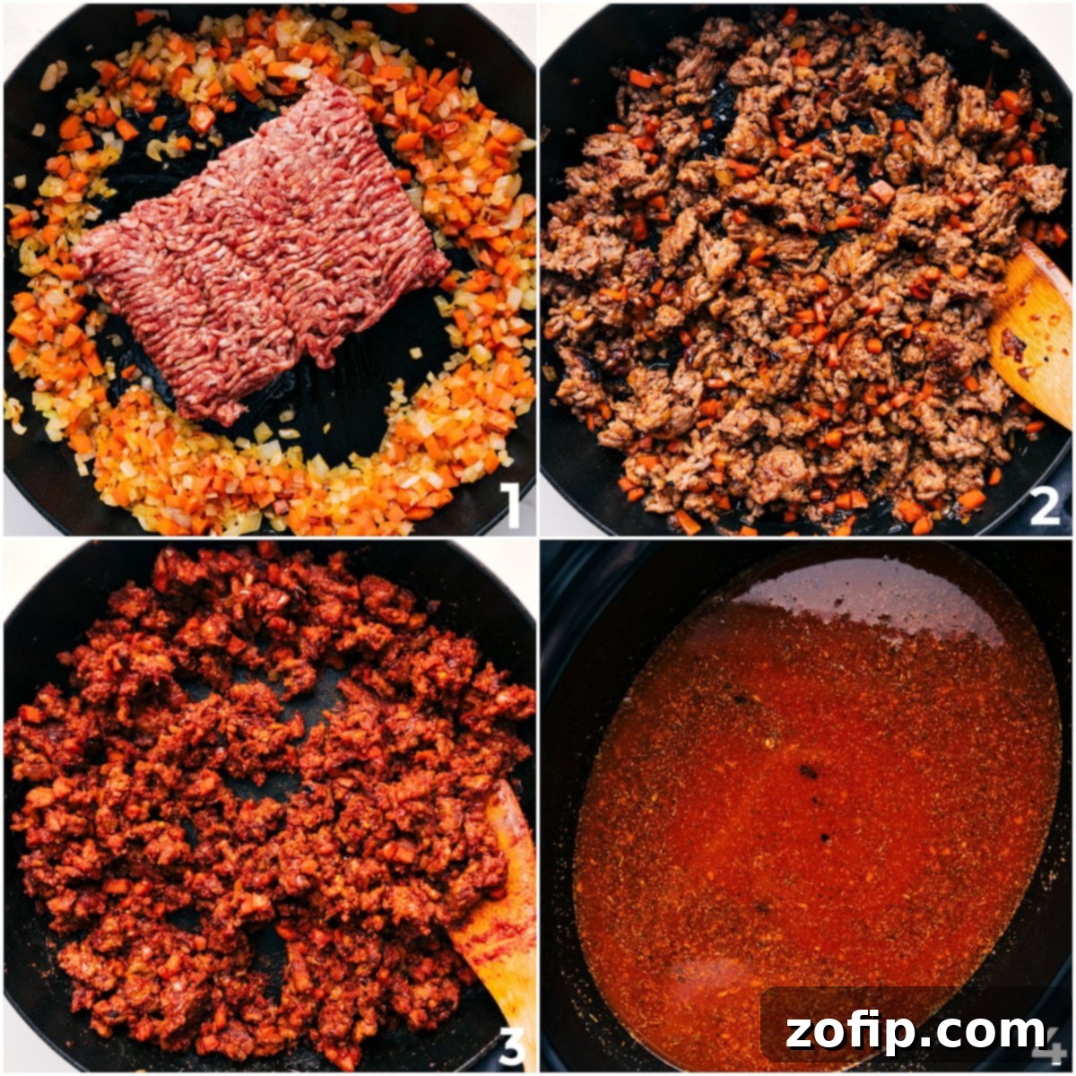 Slow Cooker Tortellini Soup Recipe Preparation A large skillet showing sautéed vegetables and browned Italian sausage with tomato paste, prepared and ready to be transferred to the slow cooker for Crockpot Tortellini Soup. A package of fresh tortellini is reserved for later addition.