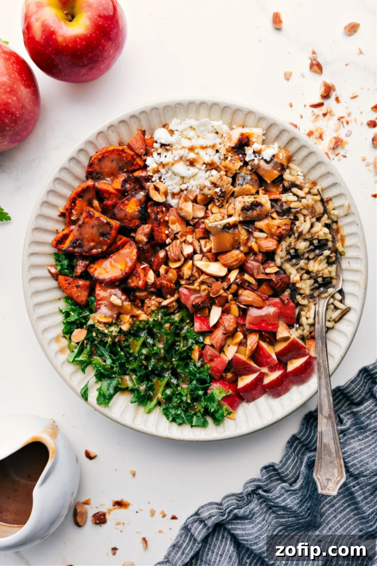 Chicken Sweet Potato Recipe topped with dressing and ready to be enjoyed.