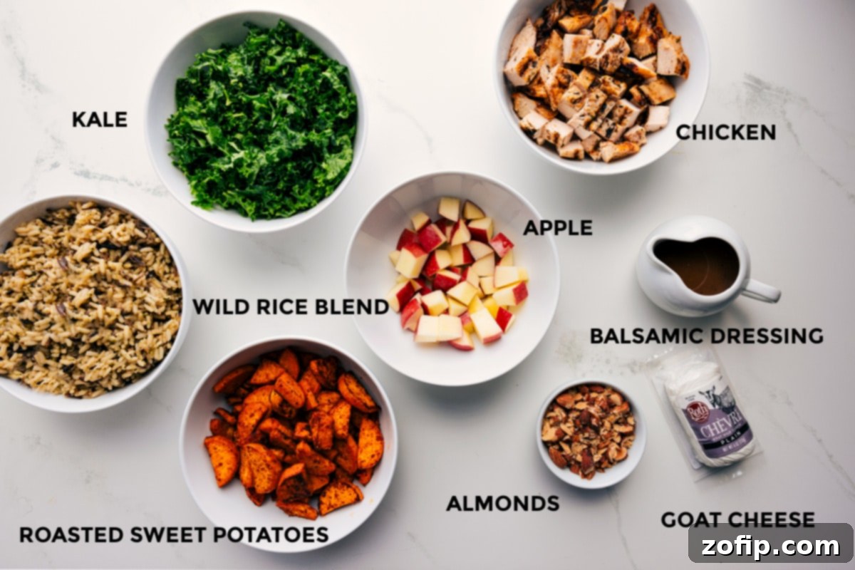 All the ingredients prepped out for easy assembly including the wild rice blend, kale, roasted sweet potatoes, apples, chicken, balsamic dressing, almonds, and goat cheese.