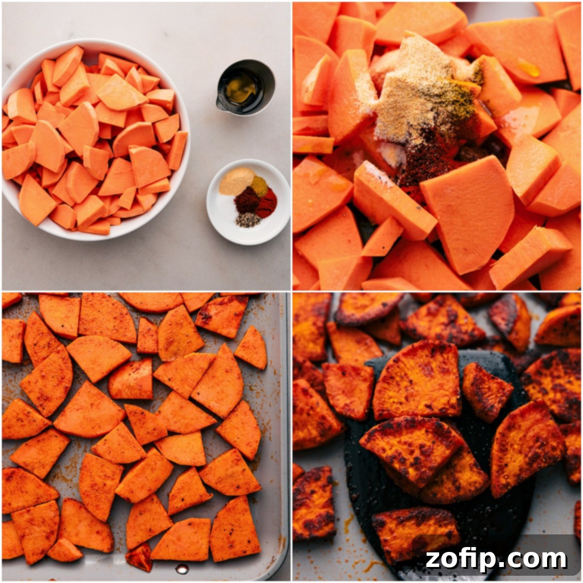 Chopped sweet potatoes tossed with oil and seasonings, then roasted to perfection.