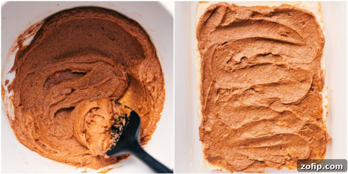 Preparing the irresistible pumpkin spice filling by whipping together butter, brown sugar, pumpkin purée, and spices, then spreading it evenly onto the Hawaiian rolls.