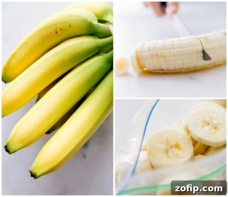 Hands meticulously cutting and freezing ripe bananas, a key step for achieving a thick and creamy smoothie texture.