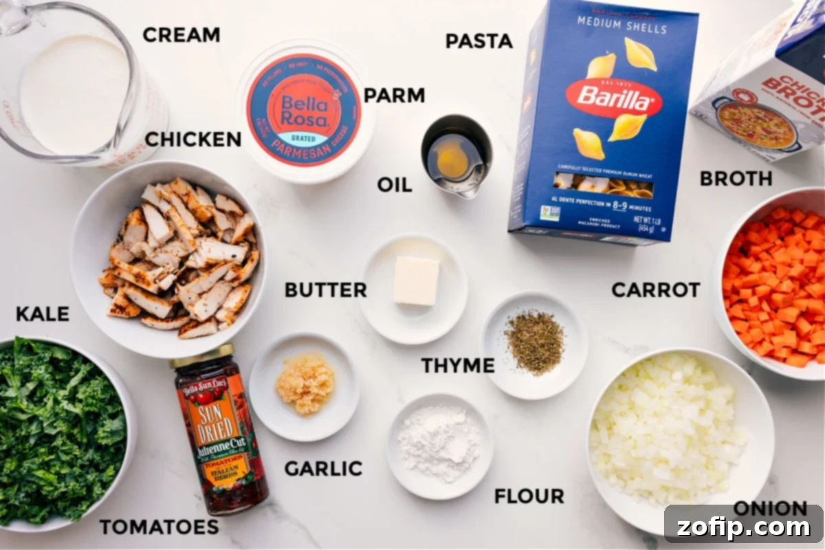 Key Ingredients For Marry Me Chicken Soup All the fresh ingredients for Marry Me Chicken Soup laid out: heavy cream, shredded chicken, fresh kale, sun-dried tomatoes, minced garlic, Parmesan cheese, olive oil, butter, flour, dried thyme, pasta shells, diced carrot, diced onion, and chicken broth.