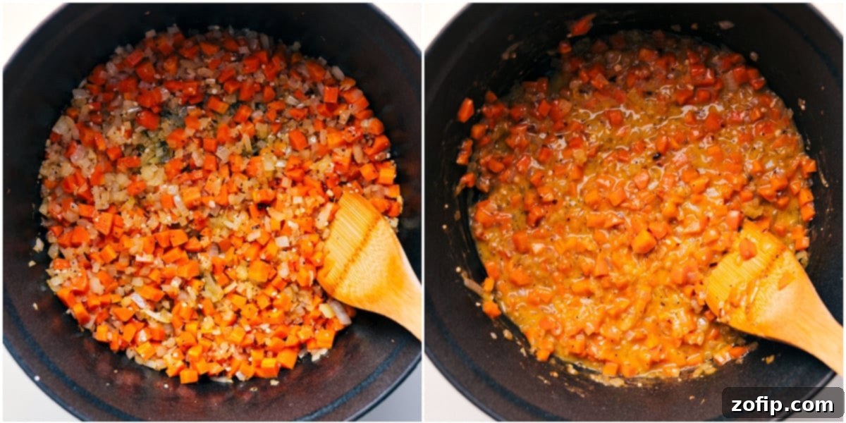 How To Make Marry Me Chicken Soup Diced onions, carrots, and minced garlic sautéing in a large pot with olive oil and butter, releasing their aromatic flavors to create the base for Marry Me Chicken Soup.