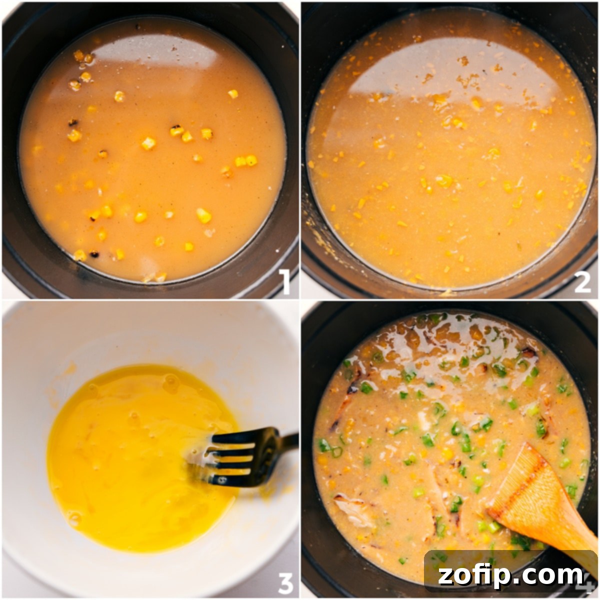 Hearty Chicken Corn Soup 3 Close-up of the Chicken Corn Soup in a bowl, garnished with fresh green onions and a swirl of sesame oil, ready to be enjoyed.