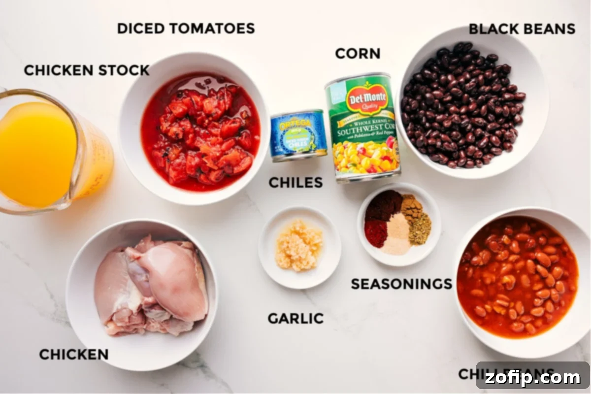 All the essential ingredients for making Chicken Taco Soup laid out: chicken thighs, black beans, chili beans, corn, diced tomatoes, green chiles, chicken broth, garlic, and a blend of spices.